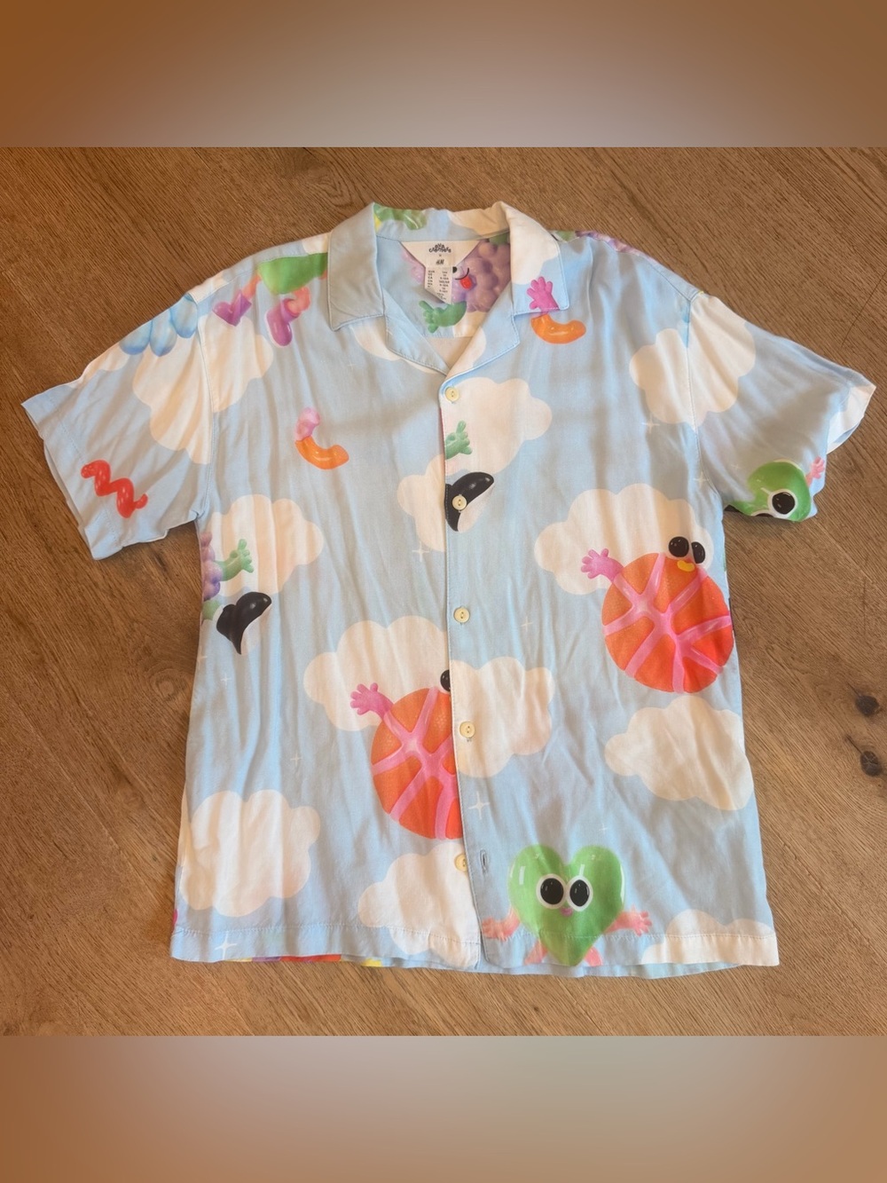H&M Light Blue camp style Button-Down Shirt with Colorful Character Prints